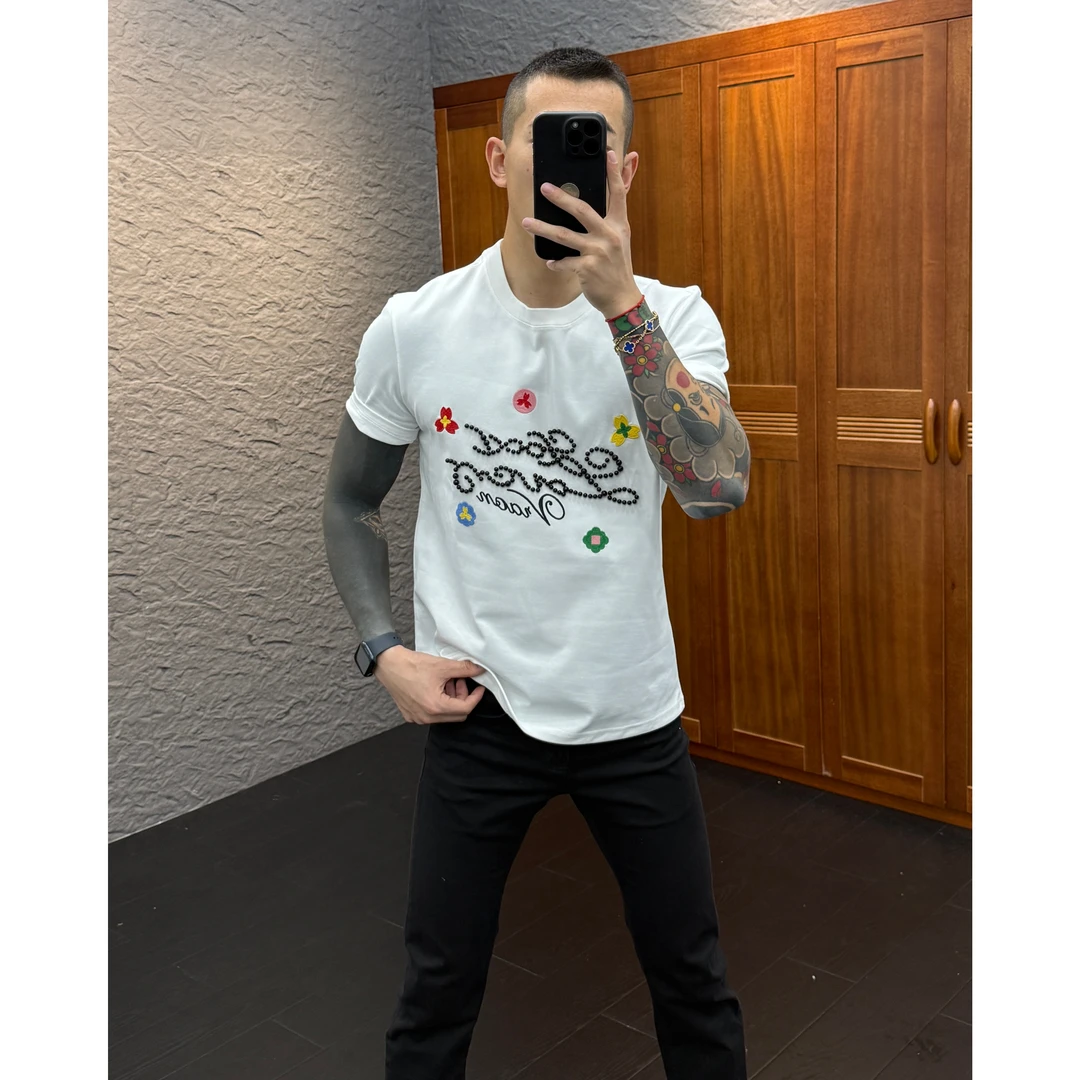 2025早秋新款时尚休闲百搭纯色刺绣工艺男士短袖T恤7901