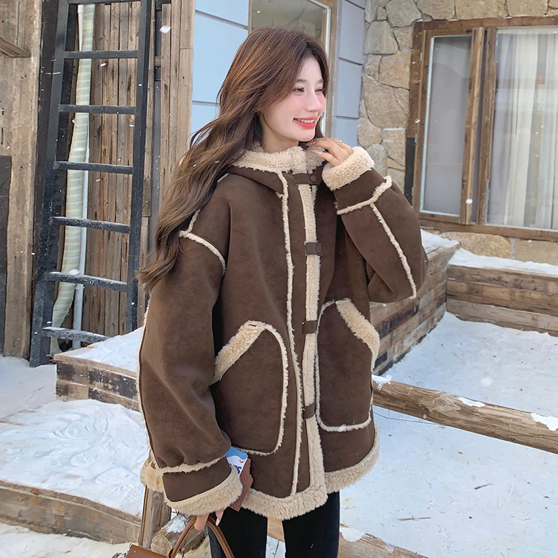 美拉德复古港风皮毛一体外套女2025冬季新款加绒慵懒感连帽上衣