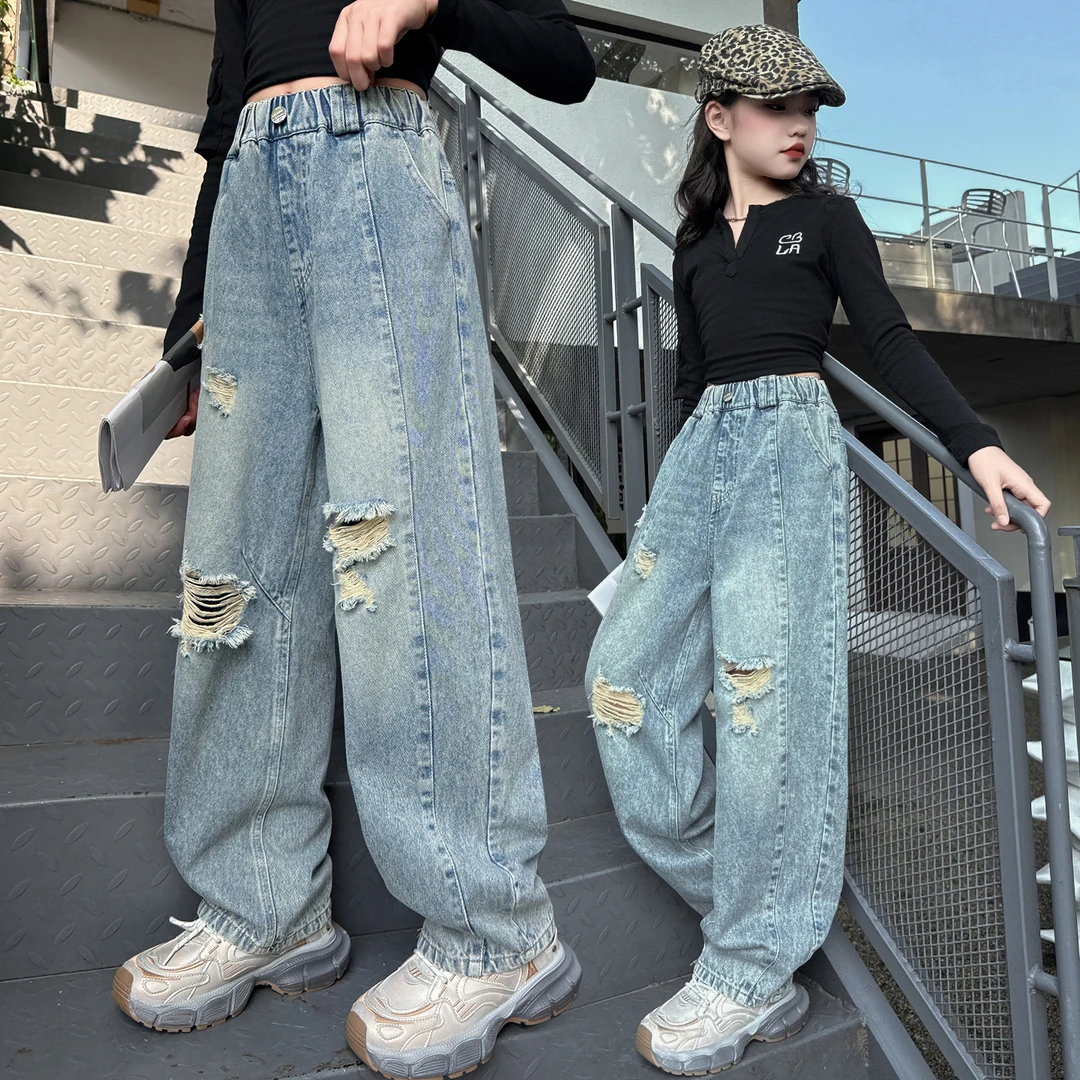 女童牛仔裤2025新款秋季中腰儿童裤子女孩宽松阔腿裤破洞秋季春秋