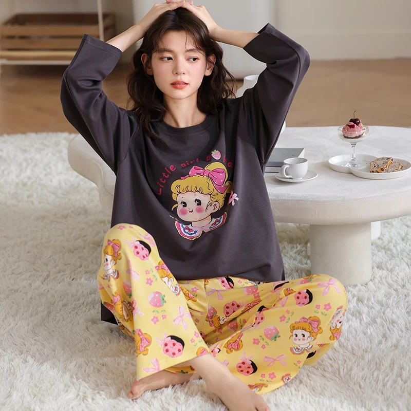 秋冬新款睡衣精梳棉休闲可爱卡通少女长袖春秋可外穿家居服套装
