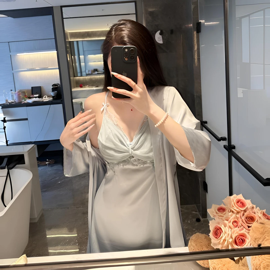 【海盐薄荷】天蓝色蝴蝶结蕾丝吊带睡裙女性感缎面纯欲风睡衣睡袍