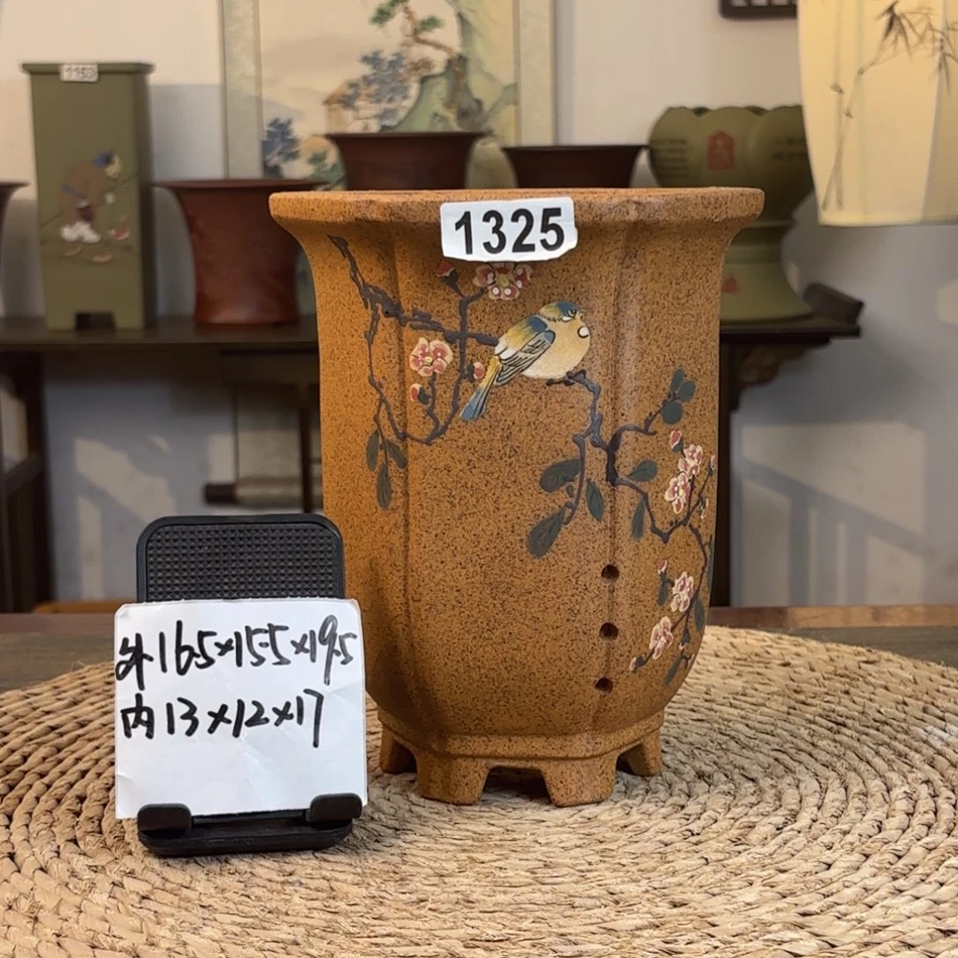 紫砂花盆  柴烧一路繁花菱花六方1325