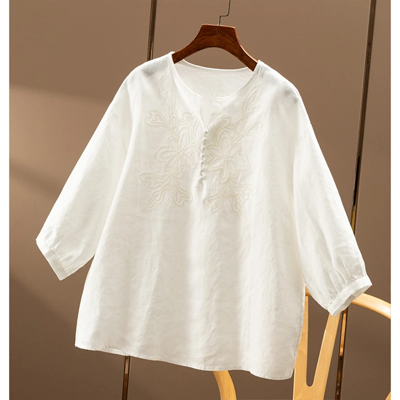 法柜級简高阶 自然纯美 闲适欧标亚麻刺绣衬衫春天家女5Z21 特
