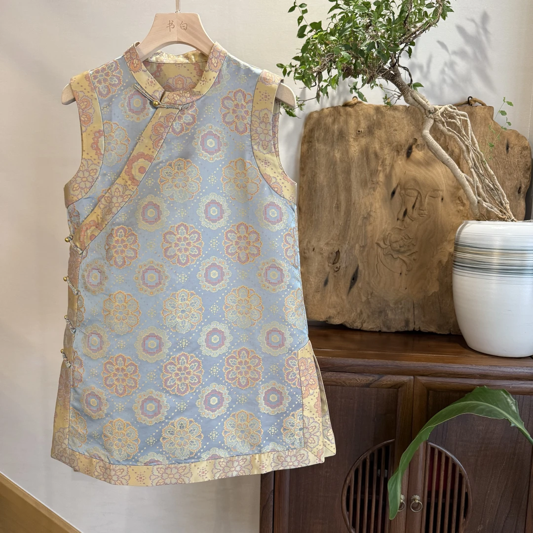 【玉瓷】新中式桑蚕丝宋锦宝相花纹马甲上衣温柔显白百搭#33