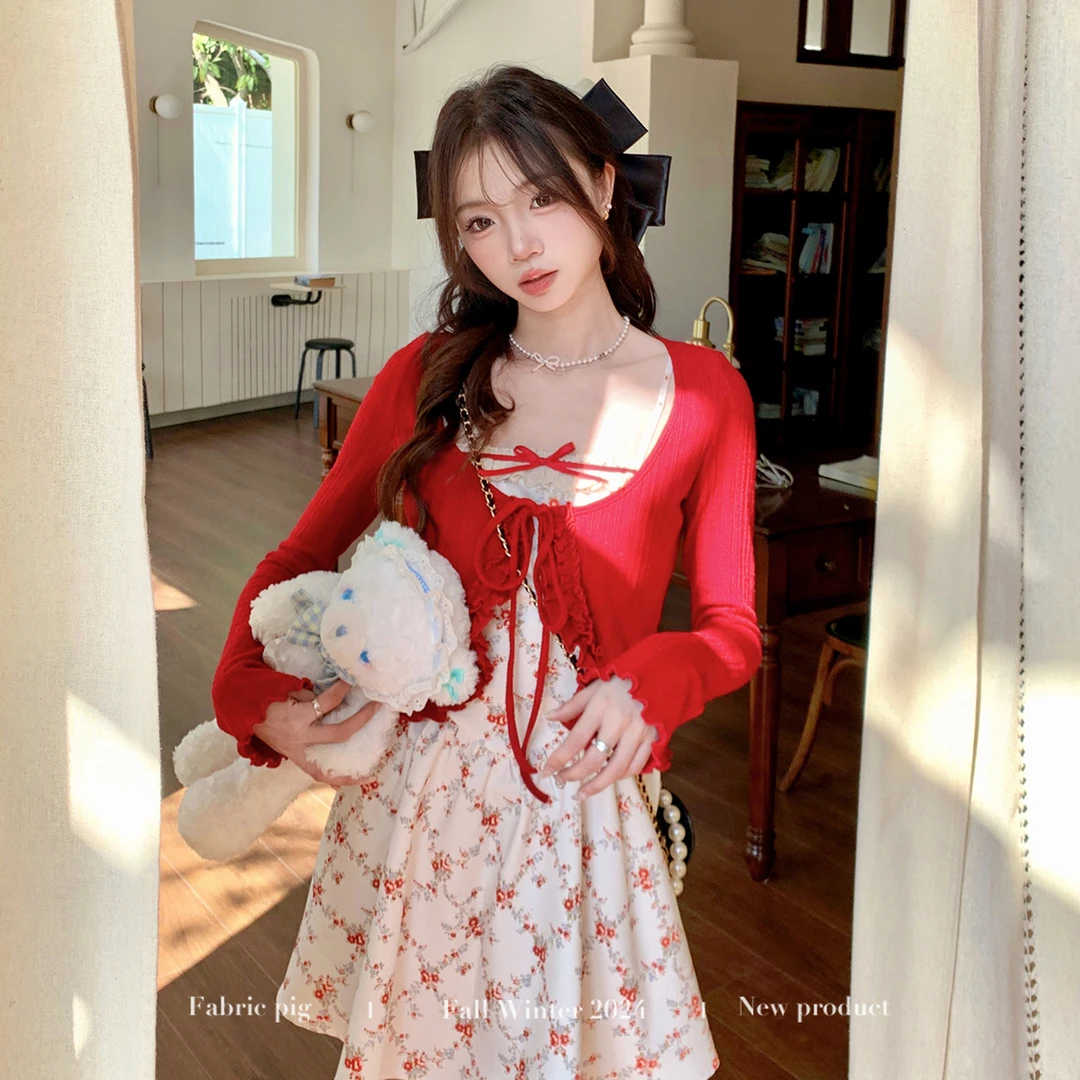 热恋红莓 织物猪原创 韩系少女显白花边红色开衫碎花吊带连衣裙