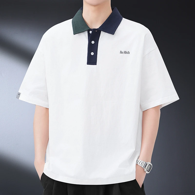 白色重磅短袖t恤男夏季潮牌宽松polo衫男士落肩袖休闲百搭保罗衫