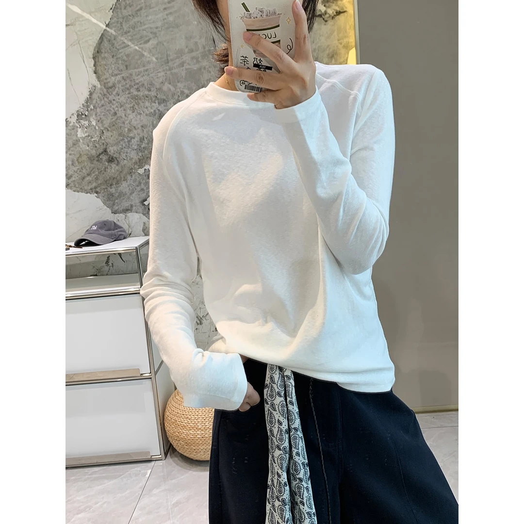 树皮皱肌理感长袖T恤女韩版显瘦弹力打底衫秋季简约圆领纯色上衣