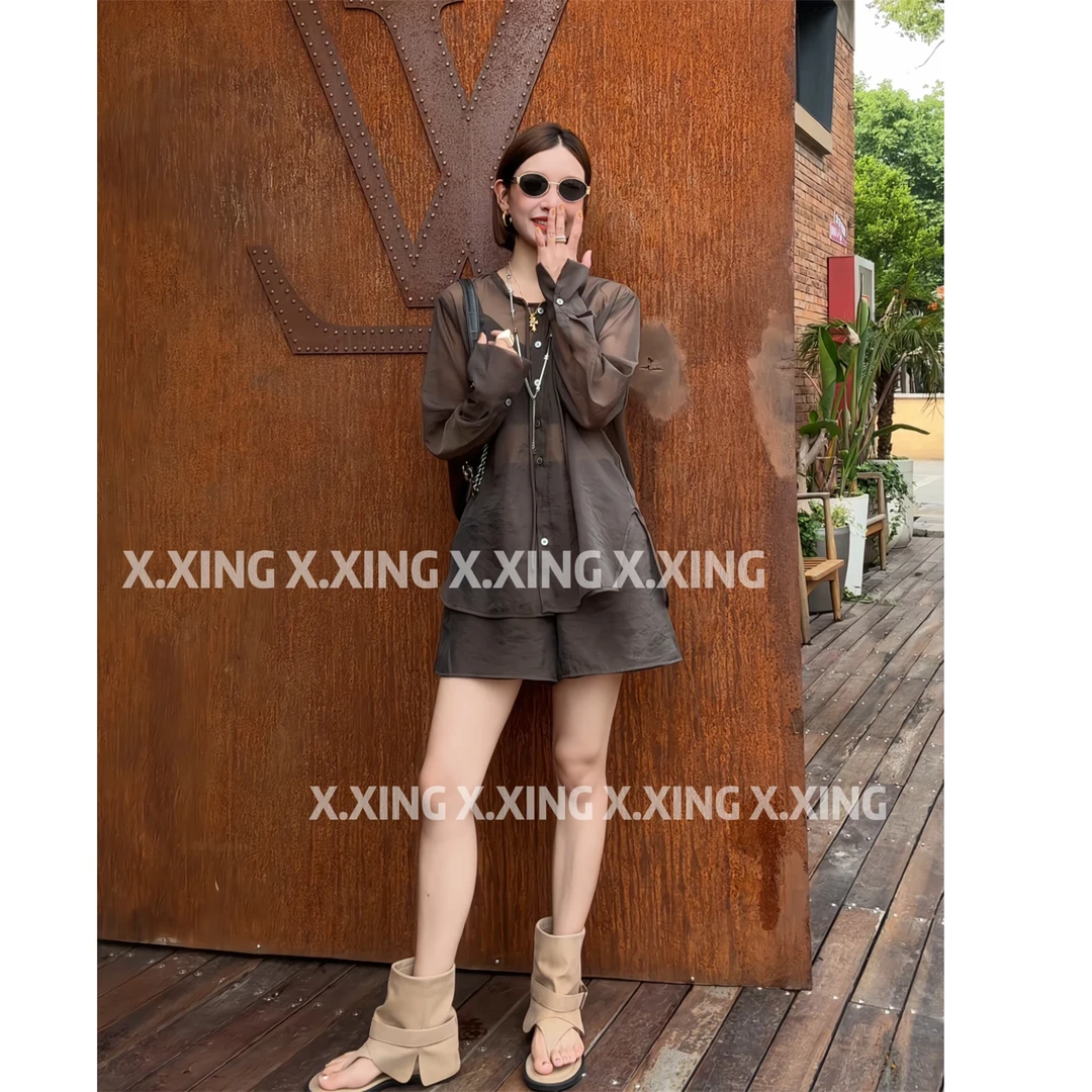 X.x.圆领系带薄款衬衣短裤套装夏季简约时尚显瘦两件套C31-1219