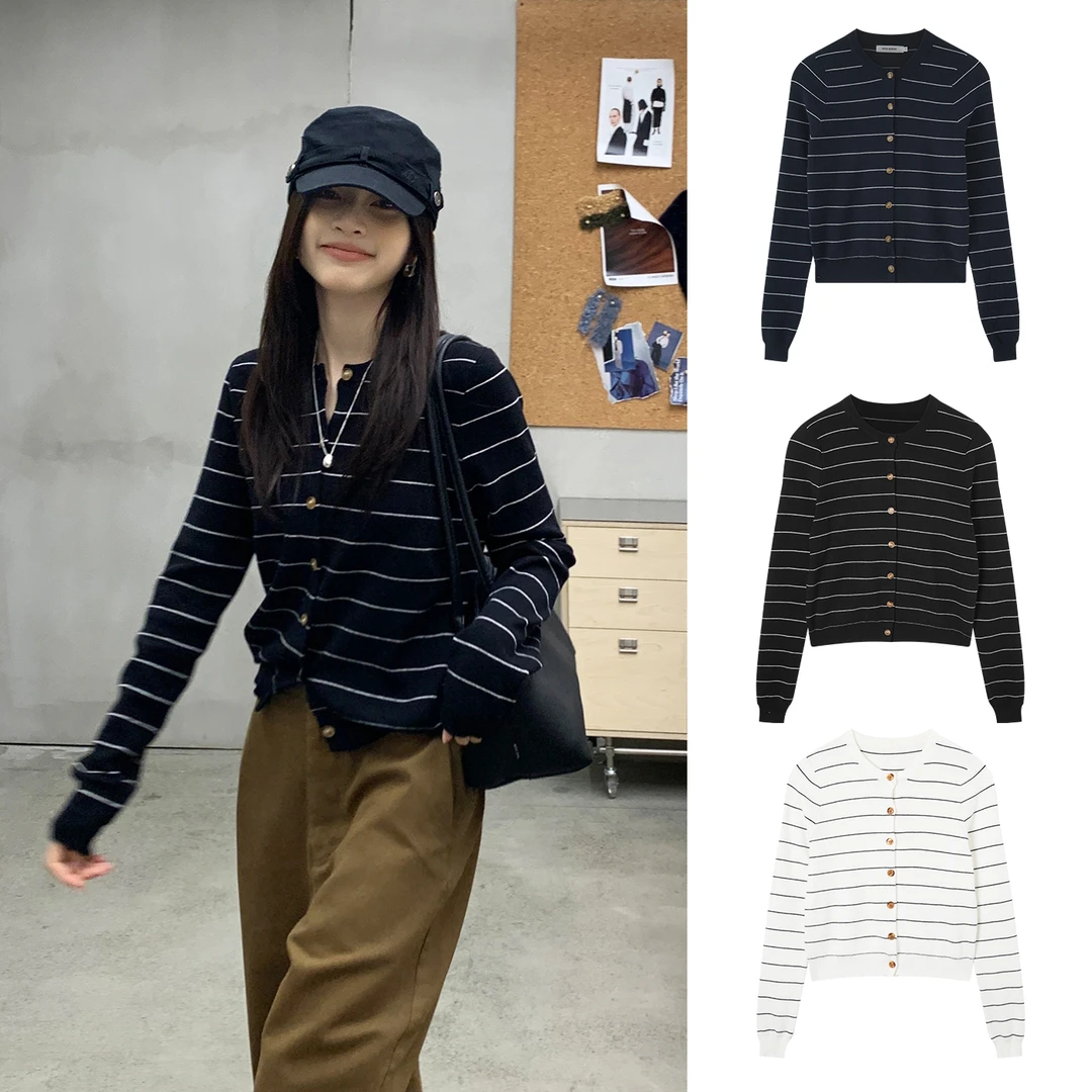 Miss sumeyY3726自制早秋韩版条纹针织衫开衫薄外套宽松百搭上衣