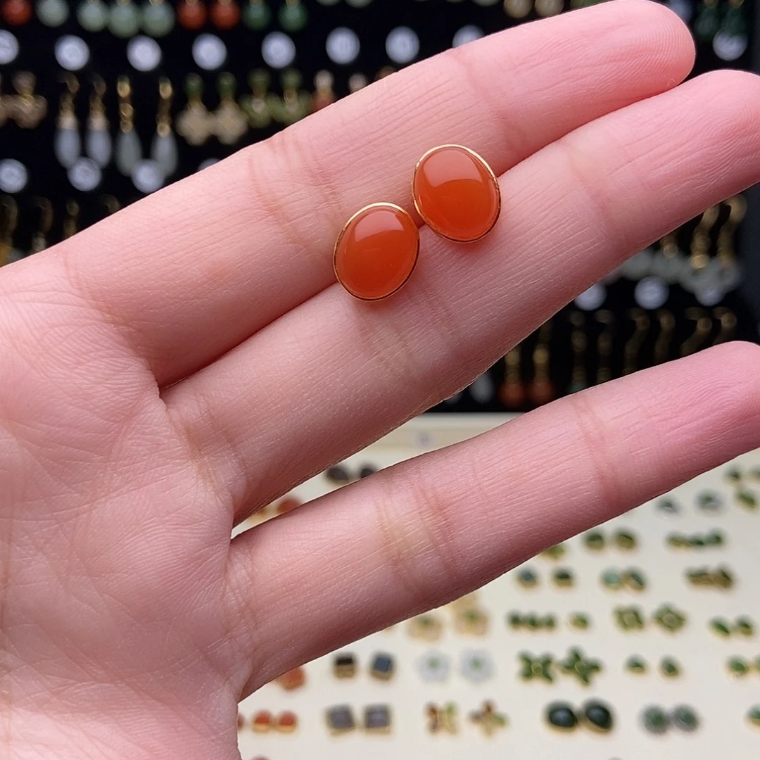 和田玉银S925镀金镶嵌耳饰