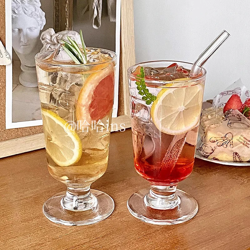网红餐厅高脚果茶杯玻璃杯 ins气泡水杯果汁冷饮杯鸡尾酒饮品杯子