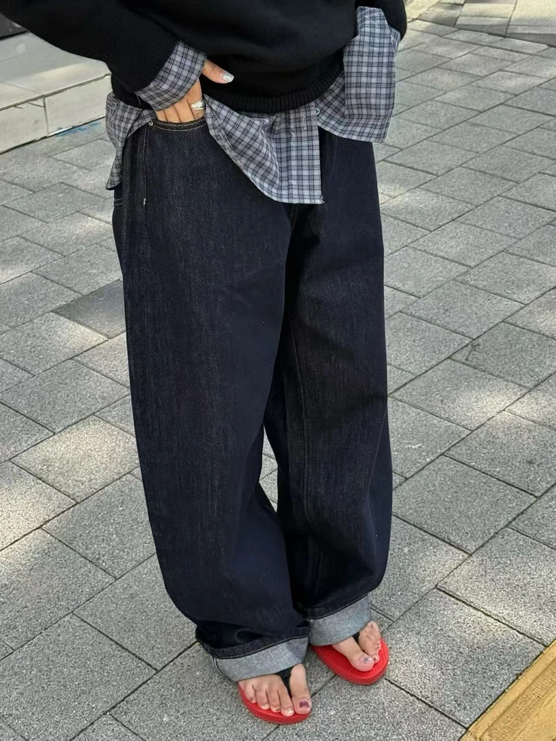 【NO退NO换】韩国丨秋季百搭藏蓝单宁卷边牛仔裤