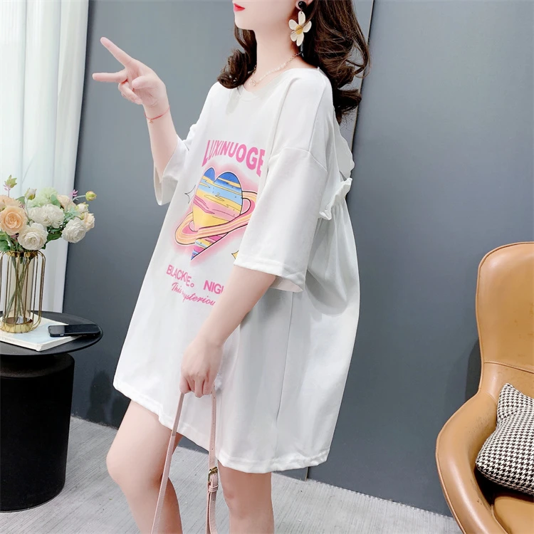 大码宽松韩版洋气设计感中长款T恤女2025新款夏季短袖上衣打底衫