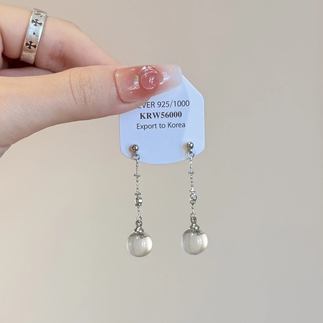 锌合金仿水晶耳饰 清冷感透明圆珠吊坠长款银珠链条耳坠女耳饰