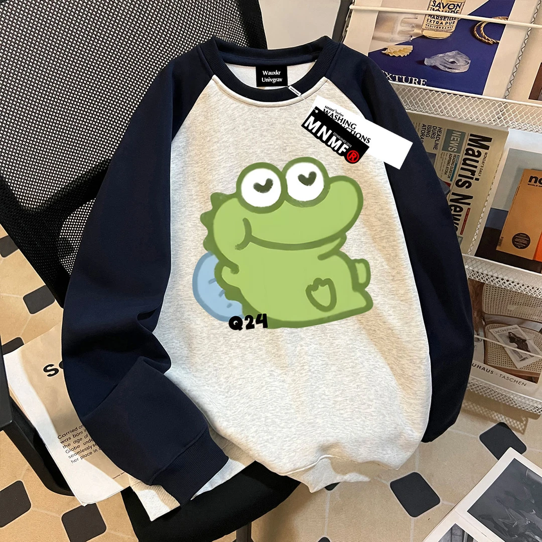 秋冬季装女童插肩圆领卫衣可爱卡通小鳄鱼中大童宽松慵懒风上衣服