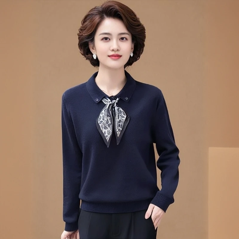 妈妈装春秋Polo翻领丝巾针织衫上衣女新款减龄显瘦长袖6878