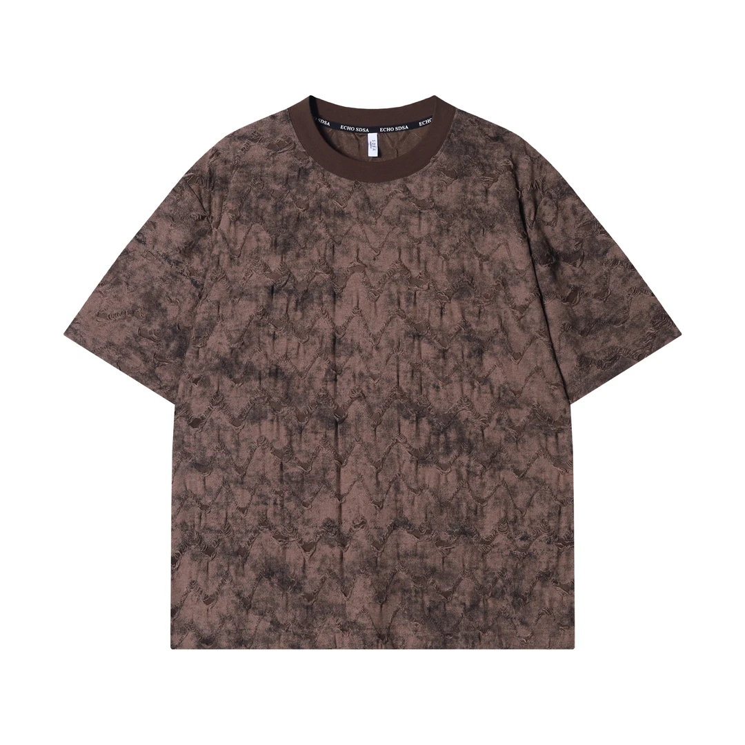 早春新款时尚个性韩版波浪磨破圆领短袖T恤痞帅潮流百搭套头上衣