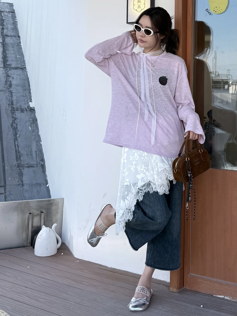 XIHaokan浅紫草莓刺绣T恤