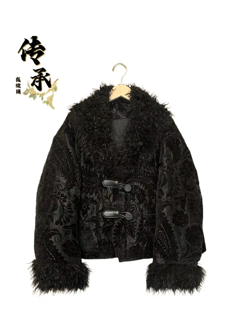 （凤尾秋冬毛领棉衣）加棉/冬季/时尚/气质/百搭/女装/中国风/短款
