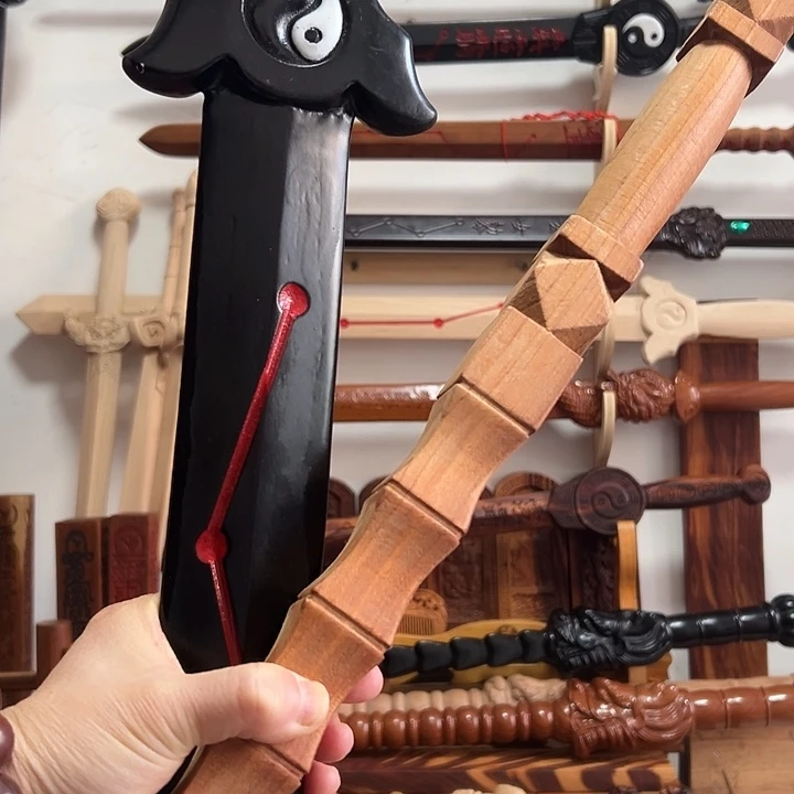 万***路桃木1米福寿剑黑色朱砂款➕90厘米方形打神鞭黑色