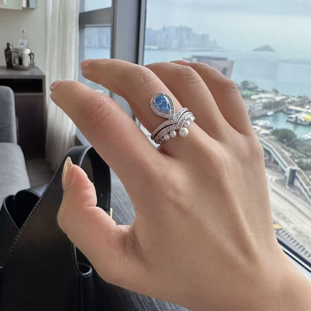 纯铜合成锆石戒指 【琪琪专属】深海之息海蓝色满钻戒指双层叠戴