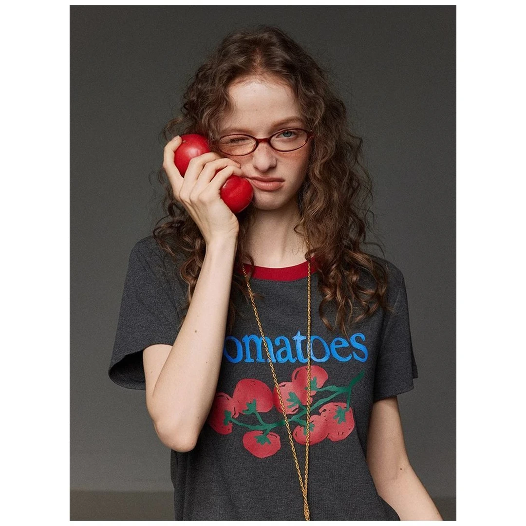 复古红色番茄美式印花短袖圆领T恤显瘦休闲百搭上衣2025夏季新款