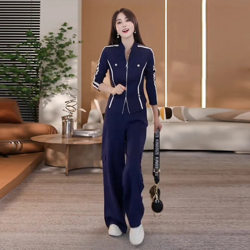 休闲时尚套装女2025早秋今年流行立领外套高腰阔腿裤运动风两件套