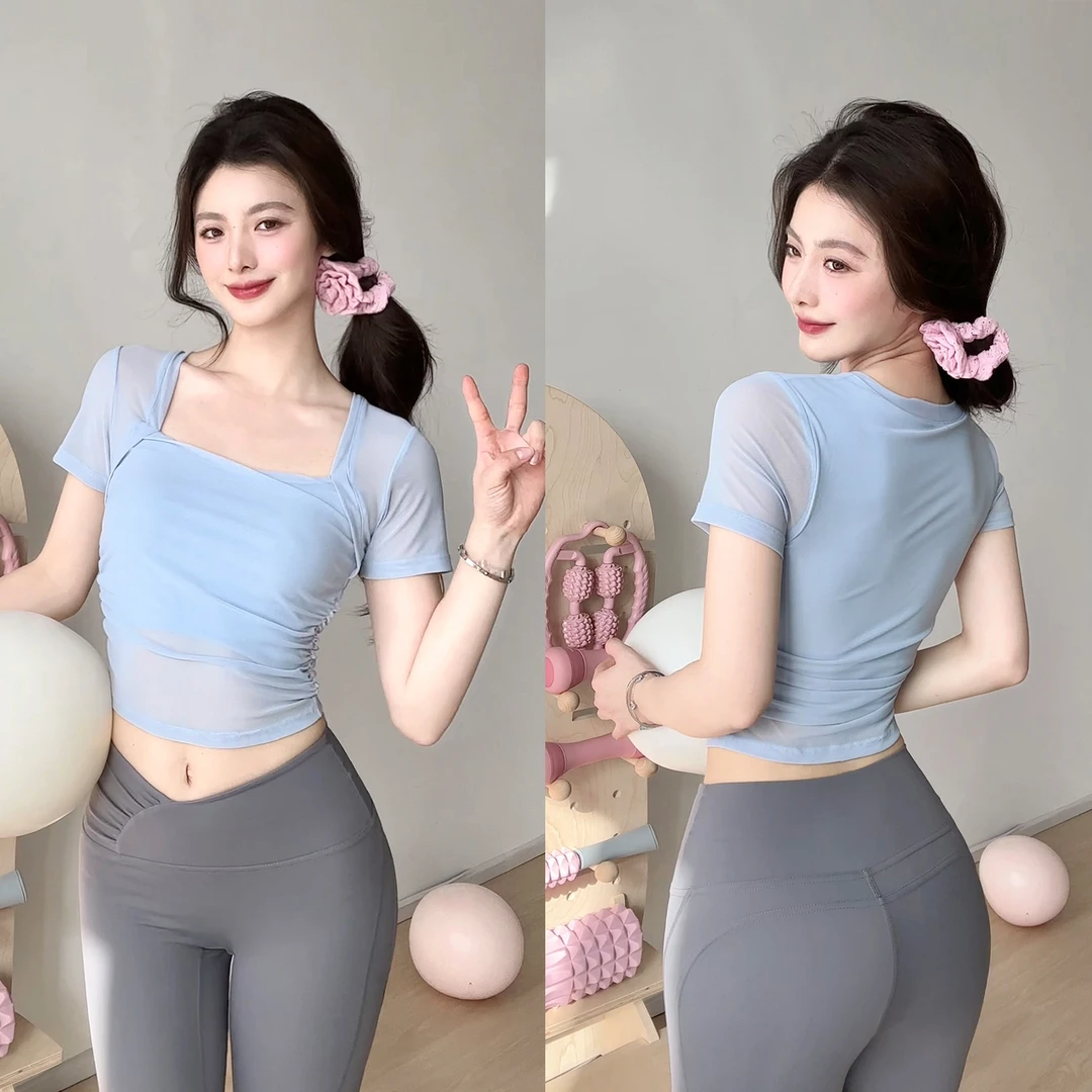 gogoyoga瑜伽服上衣半固定杯修身显瘦美背健身上衣短袖外穿运动服