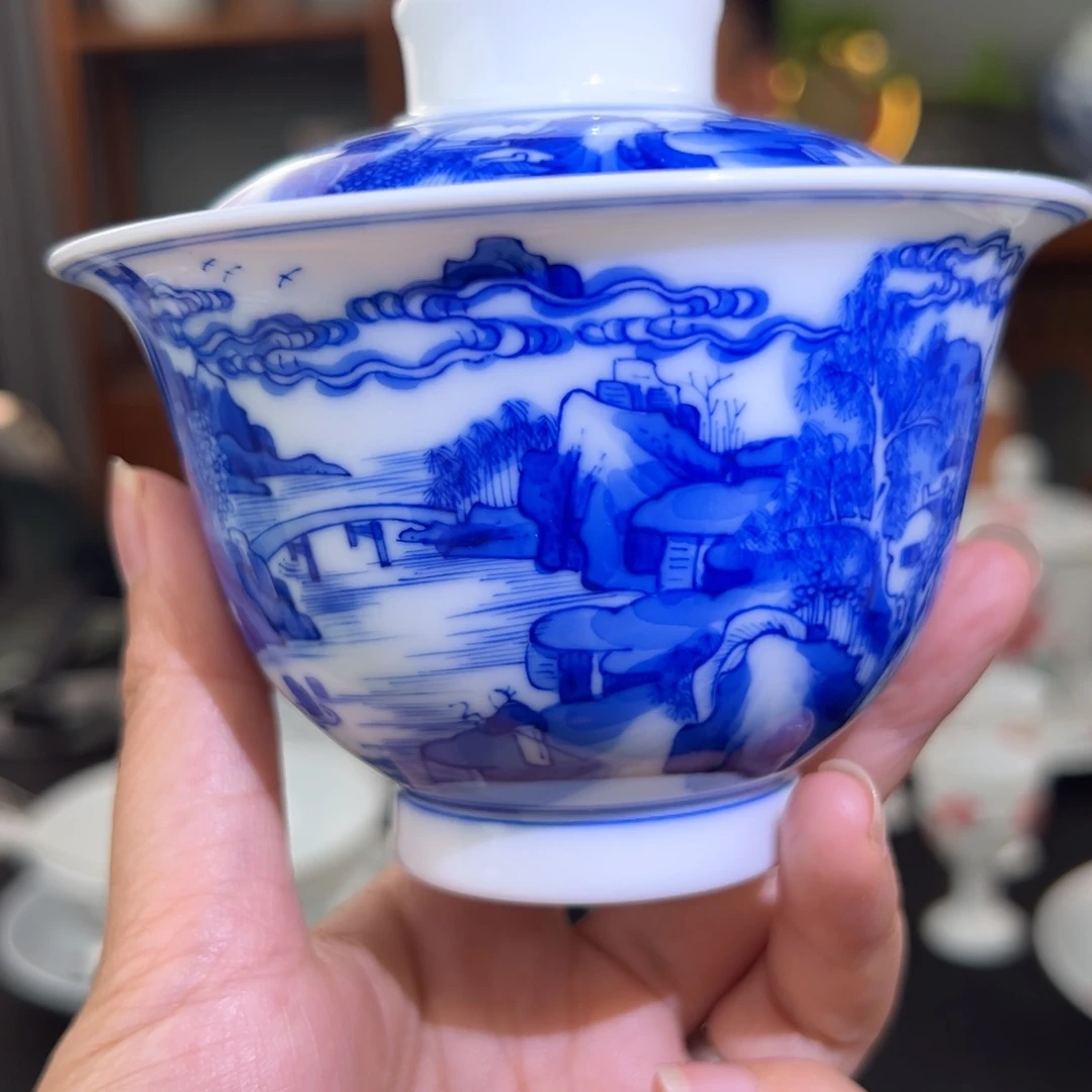 柴窑彭氏山水两才盖碗