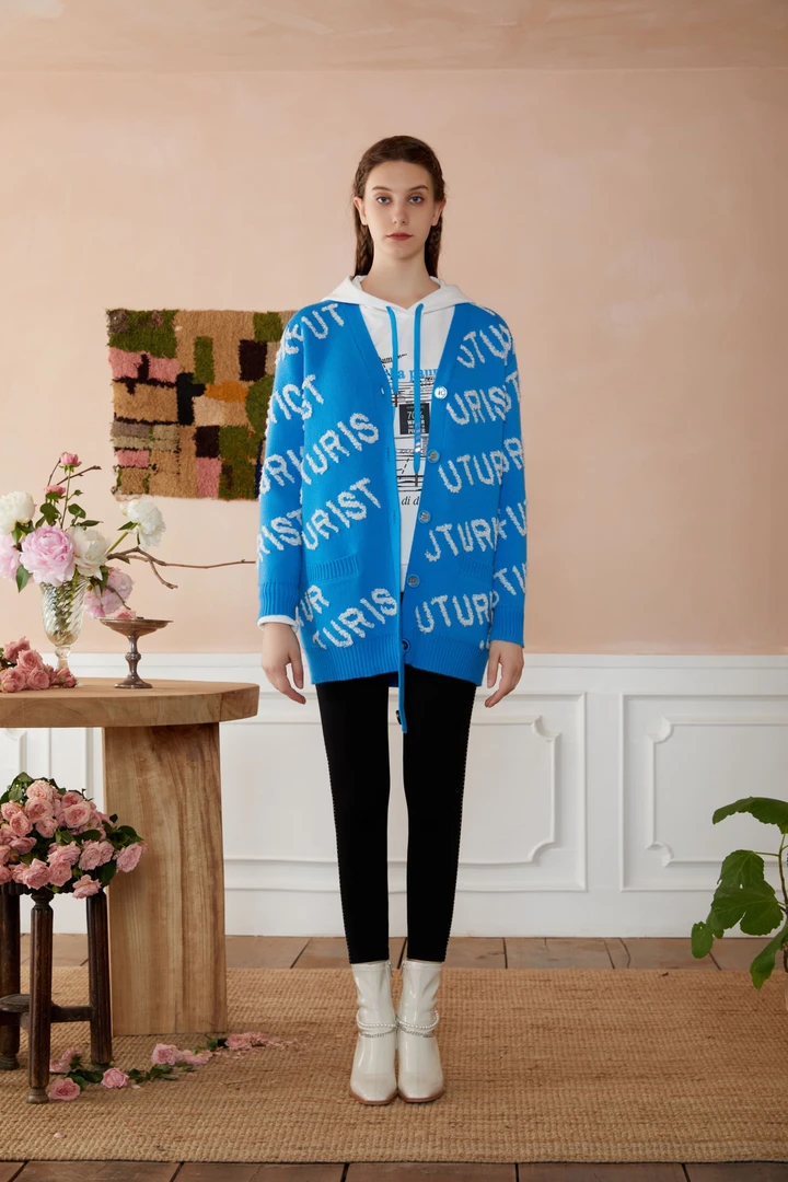 OCKKJ 女装秋冬长袖蓝白针织长开衫 SSRDW014