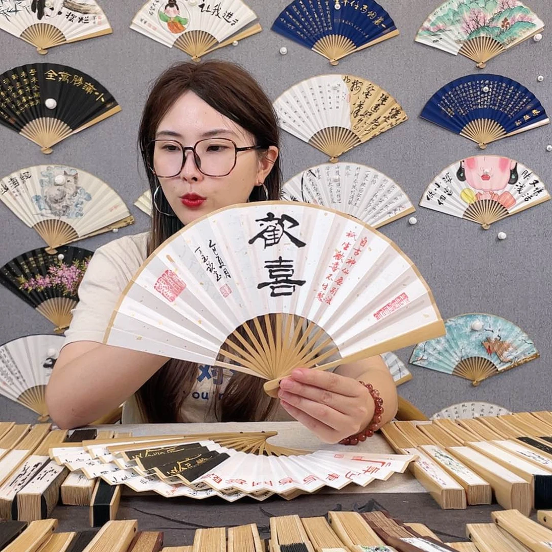 国画6寸玉竹-纯手绘-文玩扇骨（默认粘好）