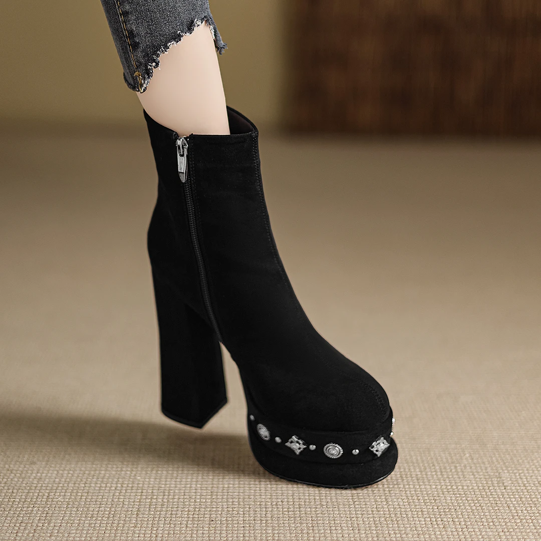 小个子增高14cm恨天高性感短靴女防水台高跟瘦瘦靴粗跟显瘦时装靴