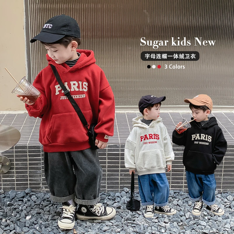 儿童秋冬装男童加绒卫衣加厚一体绒2025冬季新款男孩宝宝红色上衣