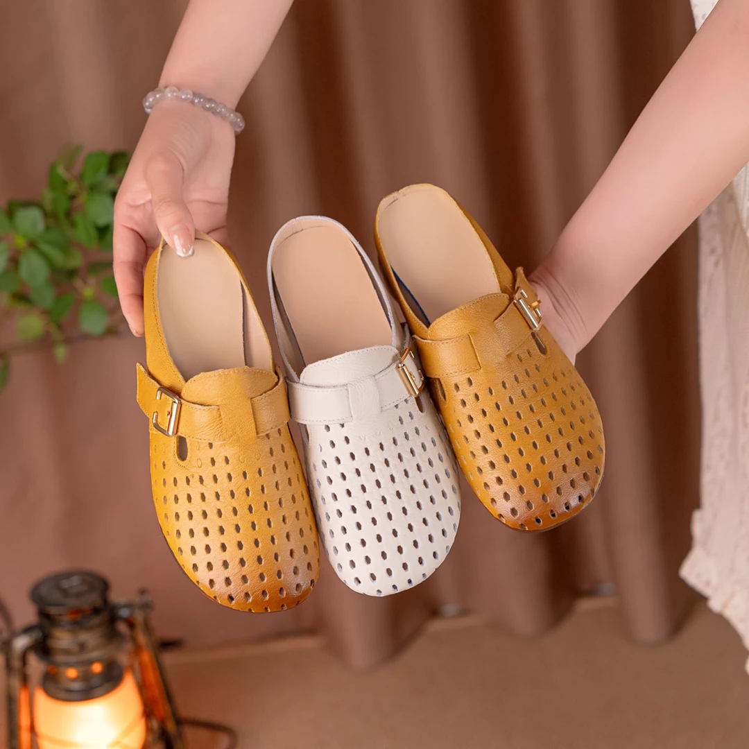 新款真皮舒适时尚休闲夏季软底镂空平底百搭防滑包头拖鞋透气半拖