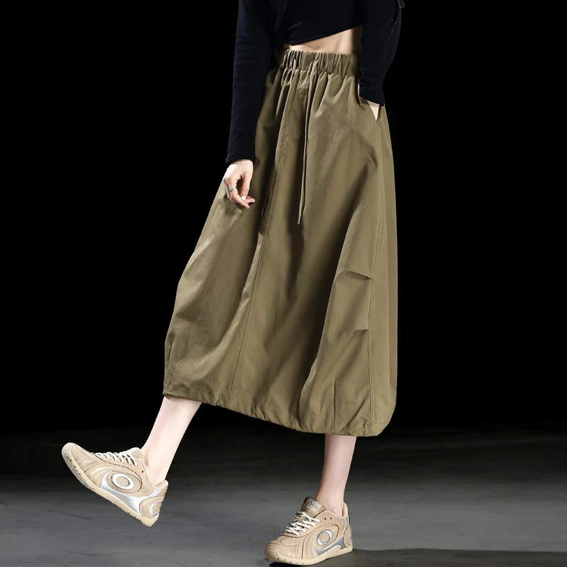 美式卡其色工装裙女款2025新款夏季半身裙女抽绳松紧腰A字中长裙