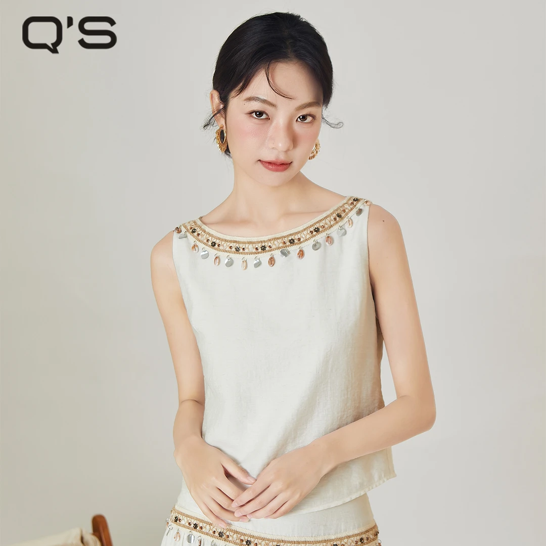 秸熙夏季新款纯色波嬉风无袖度假风小衫编织钉珠套头短上衣5XB564