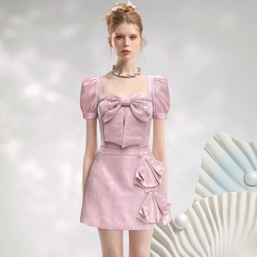 茬客法式浪漫名媛气质套装裙夏新款蝴蝶结上衣修身短裙CM710038AB