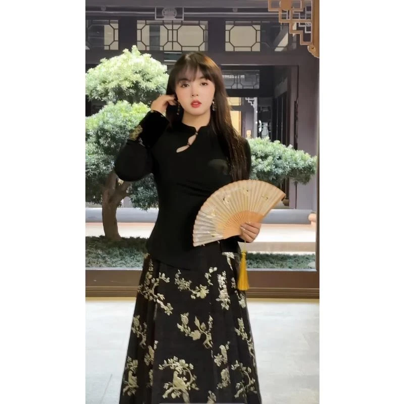 【反季现货】大码新中式衬衣黑色国风打底立领上衣搭配马面裙8847