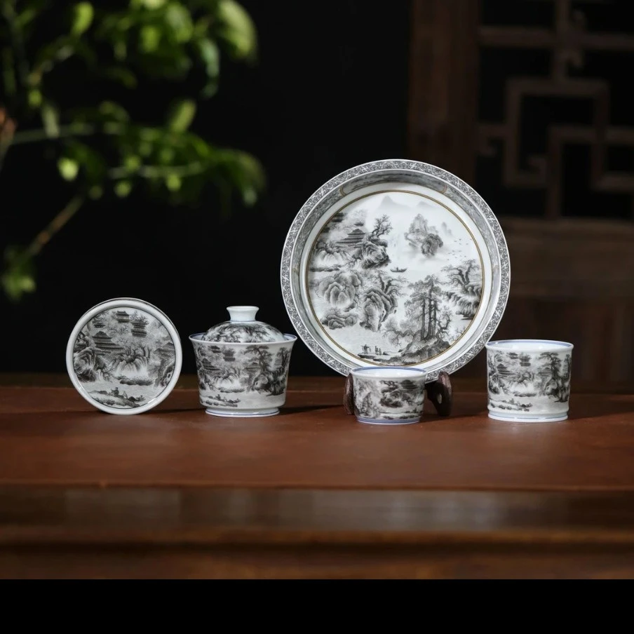 景德镇手工高温陶瓷墨彩山水春山图高端家用功夫茶具礼盒装高档
