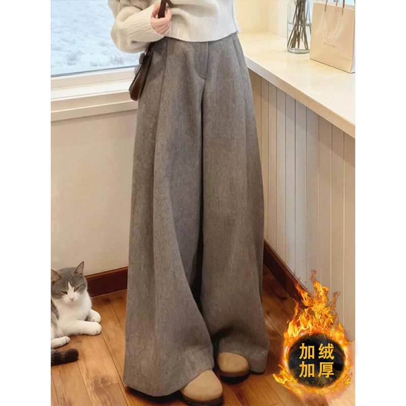 极简风灰色毛呢阔腿裤女2026秋冬新款高腰显瘦加绒加厚保暖休闲裤