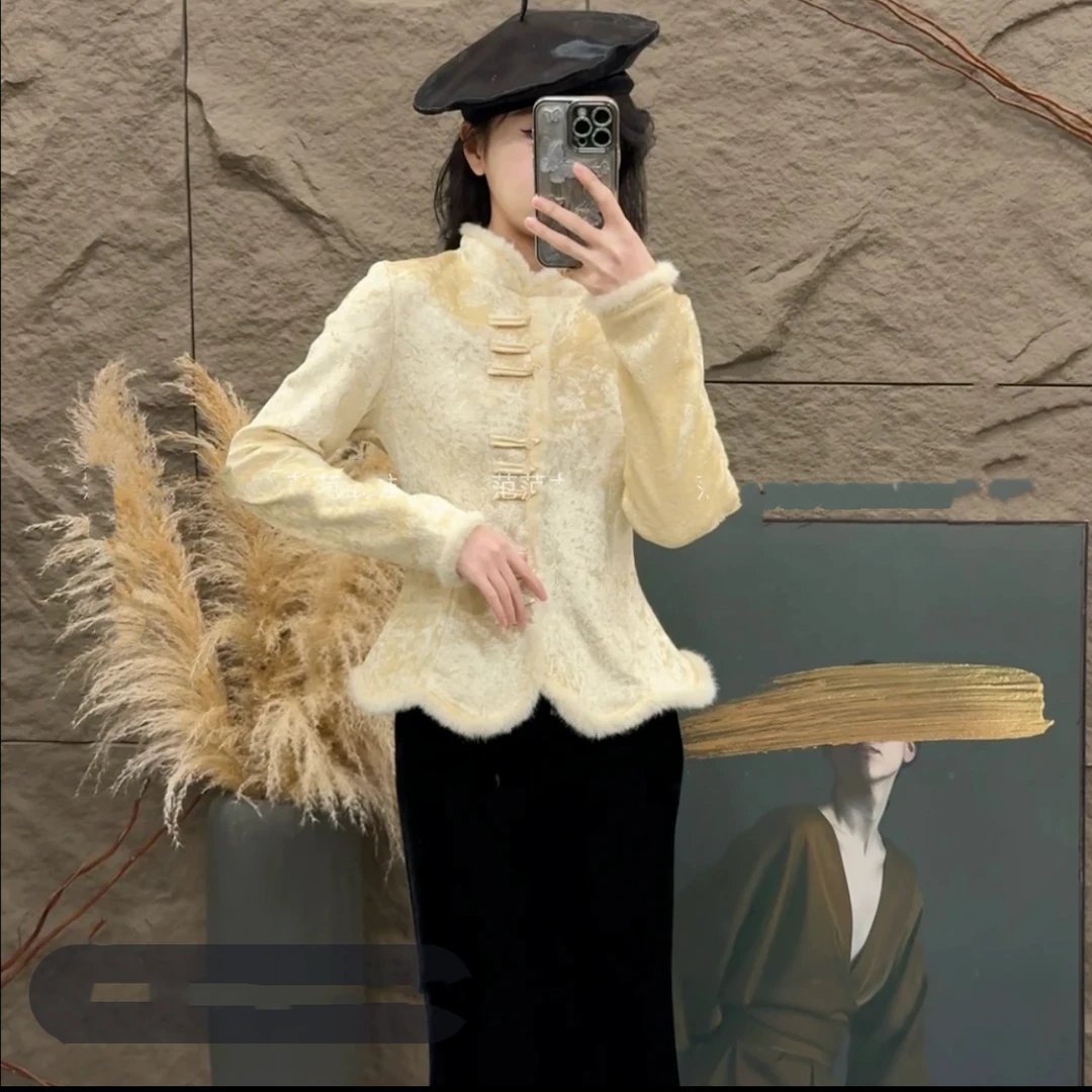 新中式高端气质纯色衬衫女冬季新款长袖立领盘扣百搭显瘦保暖上衣