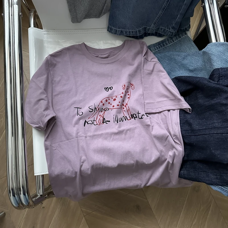 显白简笔画小狗印花圆领短袖T恤 纯棉百搭宽松韩版tee
