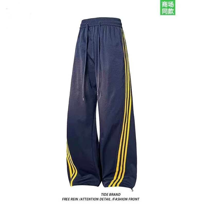 微弹力长裤休闲裤男秋冬款阔腿裤宽松条纹裤子清