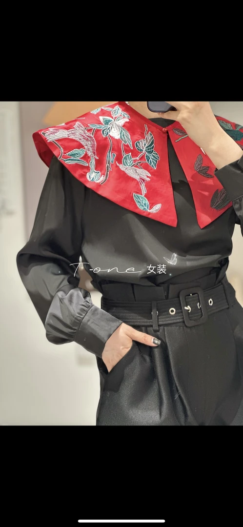 独特刺绣上衣小众新中式法式小香风红色长袖