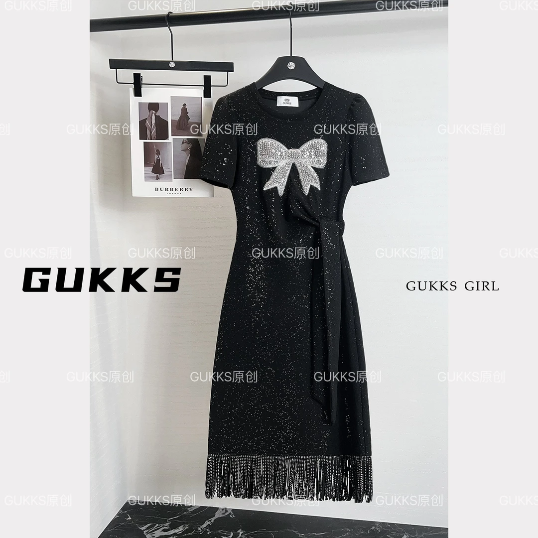 GUKKS蝴蝶结高级设计女装拼接法式修身显瘦气质连衣裙GK518