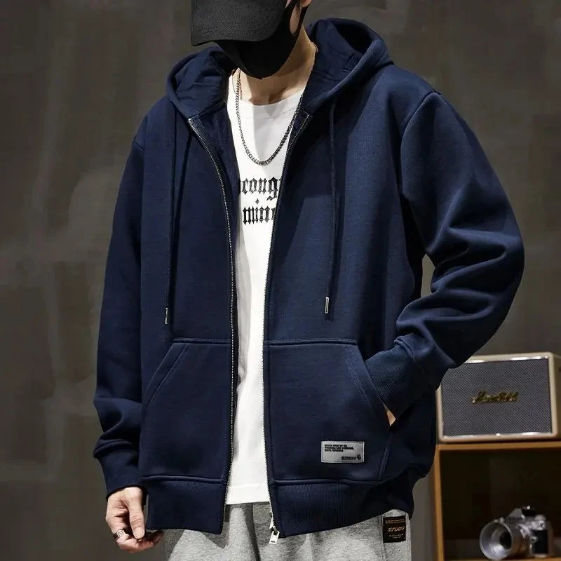 新款开衫夹克男士男装加绒宽松运动外套男秋冬款连帽潮流休闲上衣