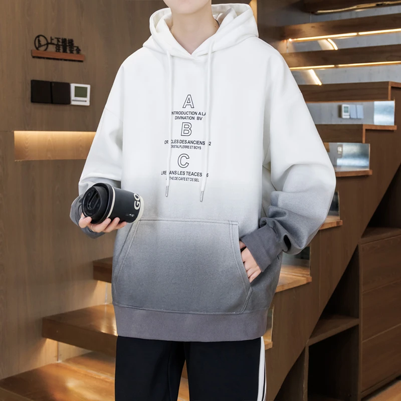 URSBOB长袖连帽卫衣男士2025新款韩版宽松青少年学生渐变上衣潮