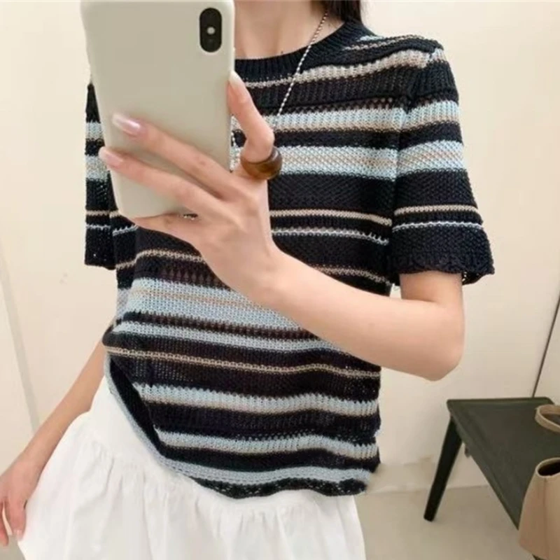 羊范法式经典撞色条纹圆领亚麻短袖女夏季薄款镂空和纸纱针织上衣
