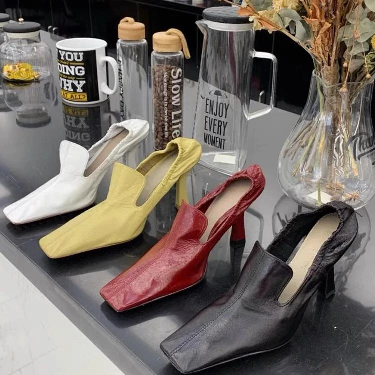 方头浅口单鞋女2025秋冬新款网红休闲穆勒鞋百搭复古女巫鞋高跟鞋