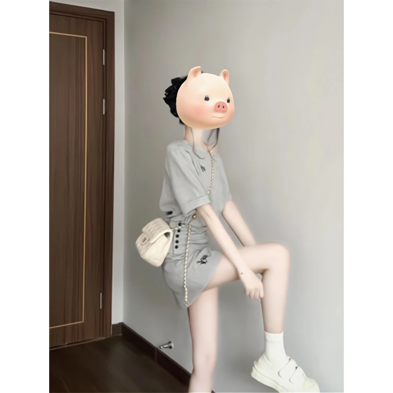 韩系慵懒风休闲运动套装女夏季时尚短款斜肩短袖短裙小个子两件套